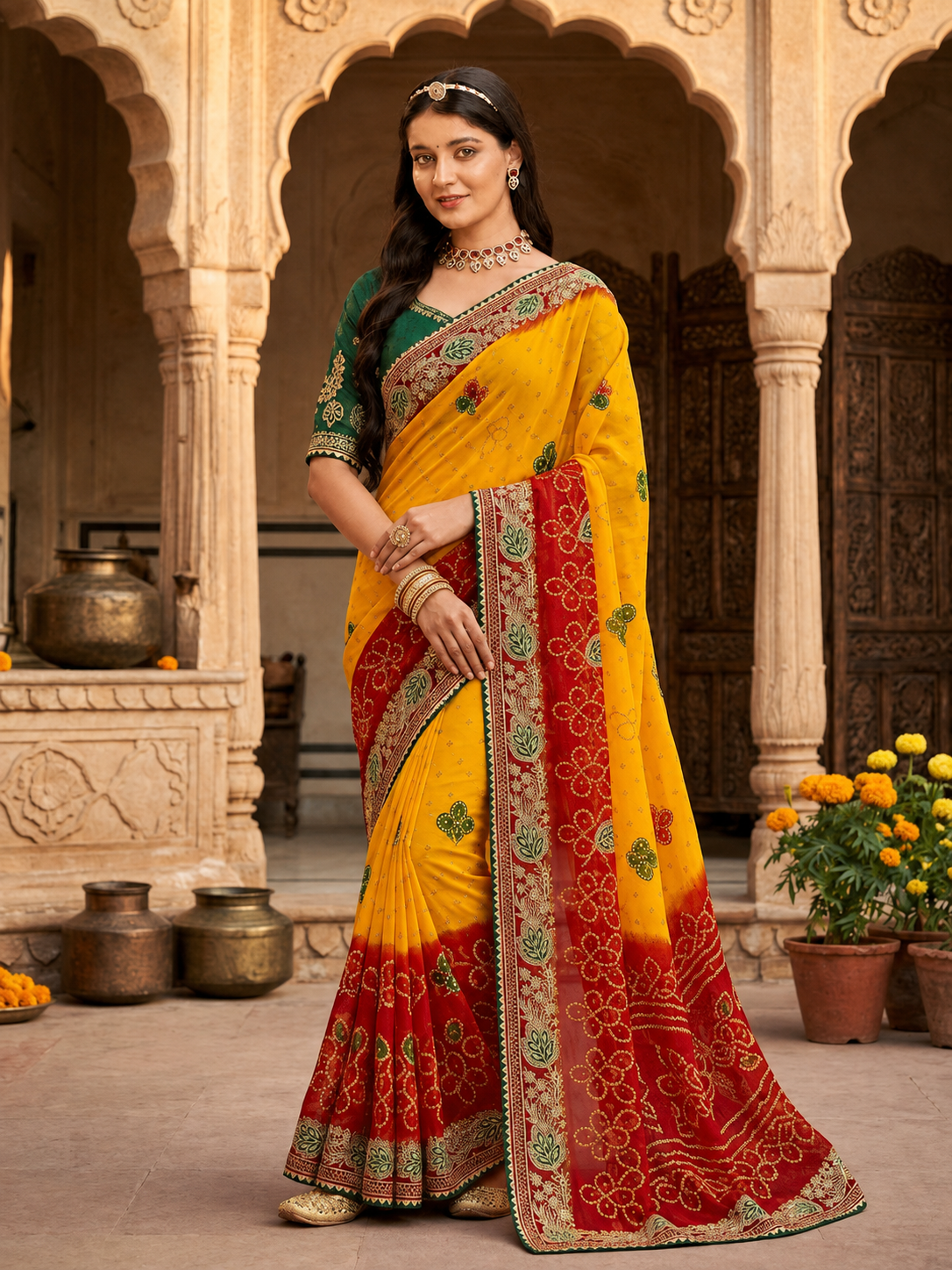 Premium Dual-Shade Soft Georgette Festive Saree with Detailed Embroidery Border for Haldi & Wedding Functions